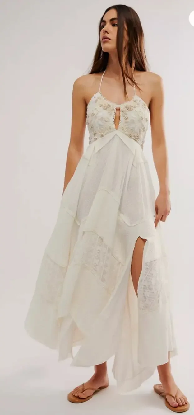 Free People XS RARE Ivory Boho ivy eyelet Maxi Dress
